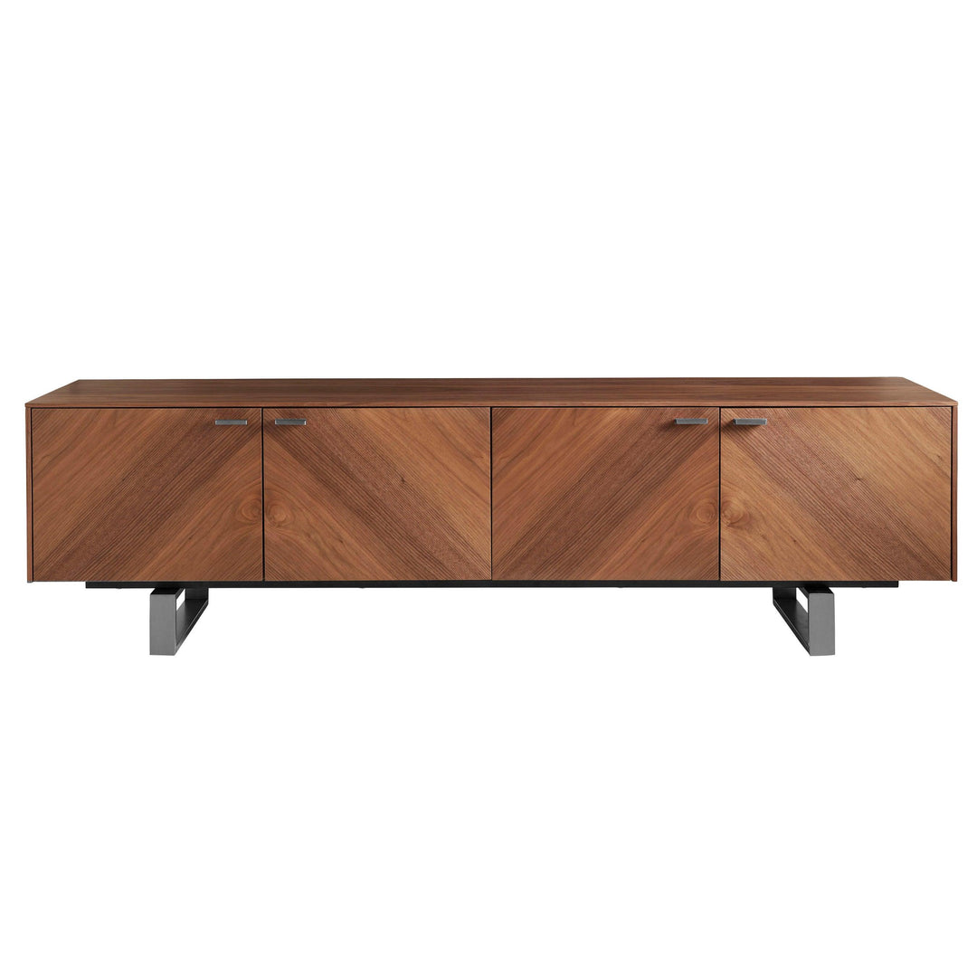 SwayLiving ALVARADO 71" MEDIA STAND IN AMERICAN WALNUT WITH BRUSHED STAINLESS STEEL BASE MEDIA + TV STANDS