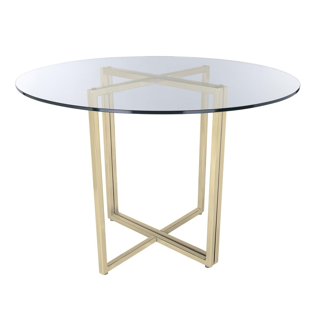 SwayLiving Legend 36" Round Dining Table with Clear Tempered Glass Top and Steel Base in Matte Brushed Gold DINING TABLES