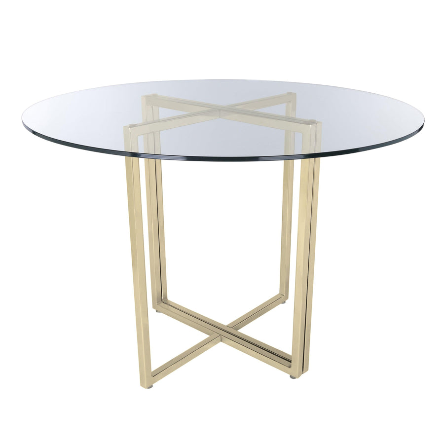 SwayLiving Legend 36" Round Dining Table with Clear Tempered Glass Top and Steel Base in Matte Brushed Gold DINING TABLES