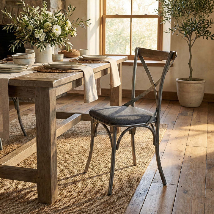 Metal Crossback Chair with Grey Fabric Seat Cushion
