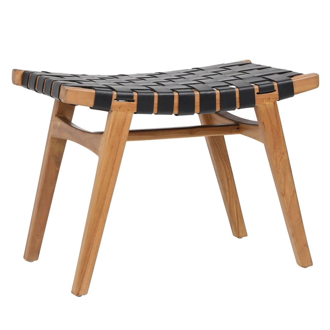 Camella Stool Natural teak black leather - SwayLiving