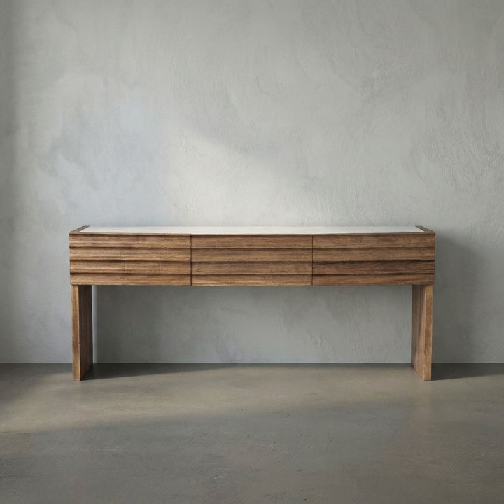 SwayLiving - Wolf Console with White Marble Top, Dark Walnut - GCON460DW