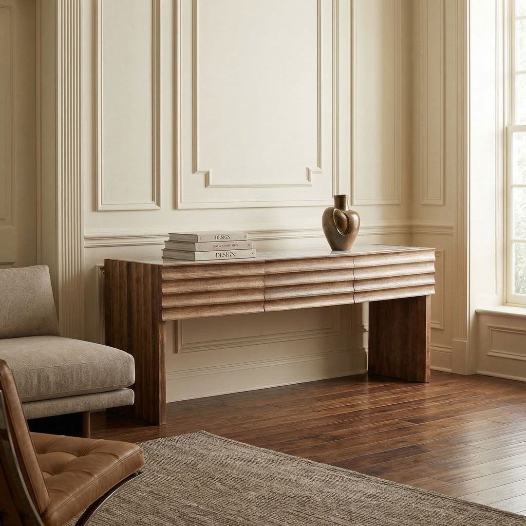 SwayLiving - Wolf Console with White Marble Top, Dark Walnut - GCON460DW