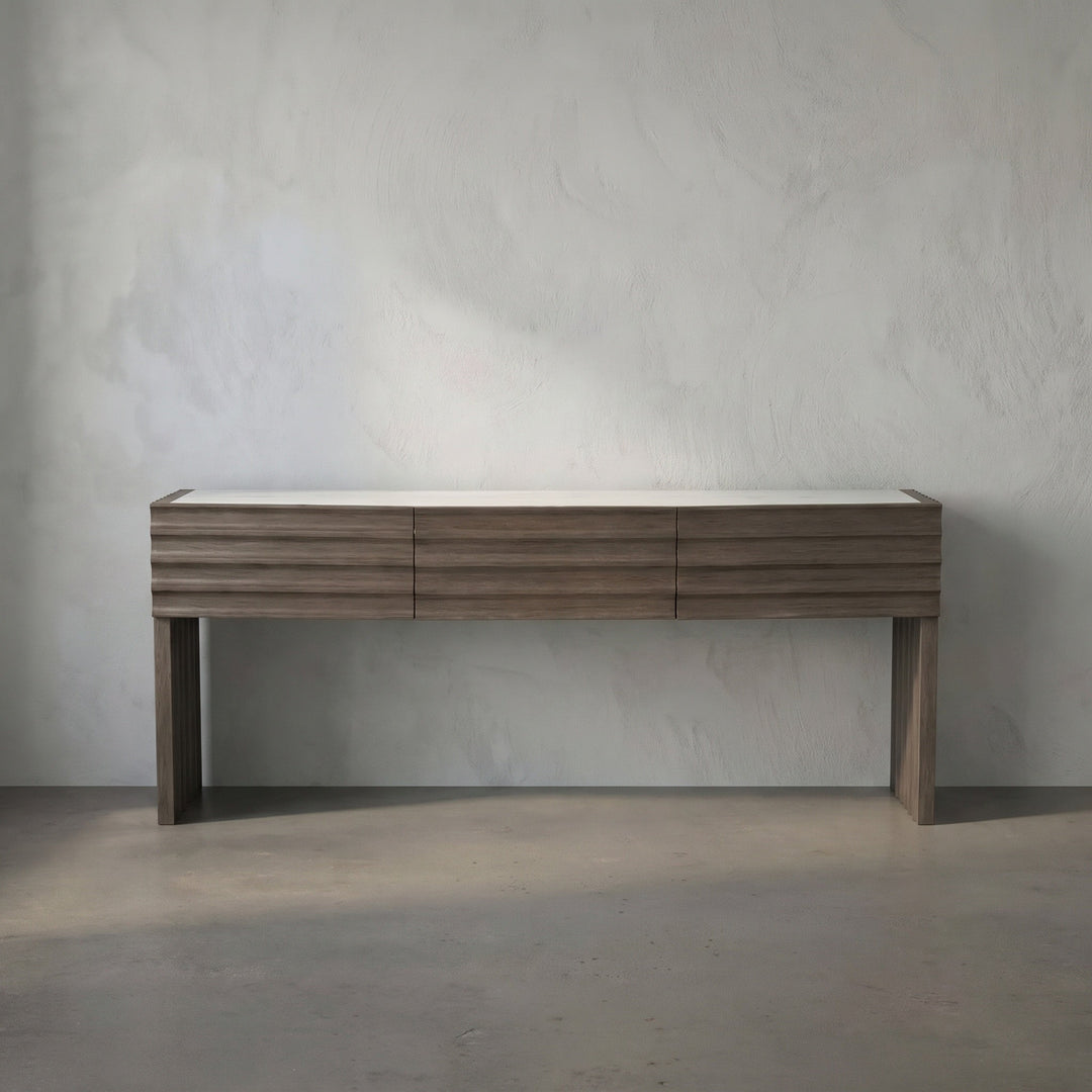 SwayLiving Wolf Console with White Marble Top - Greige Walnut