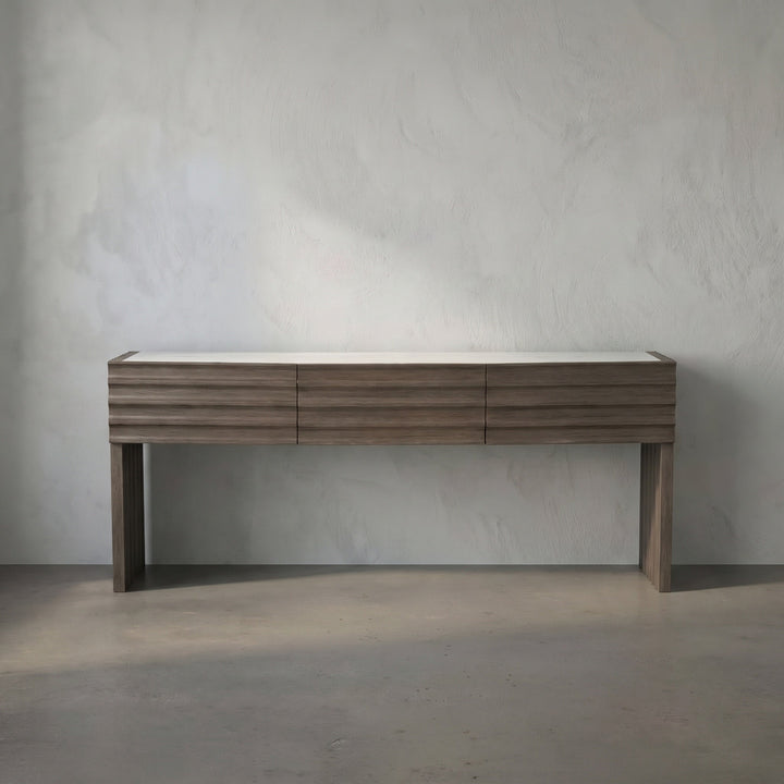 SwayLiving Wolf Console with White Marble Top - Greige Walnut