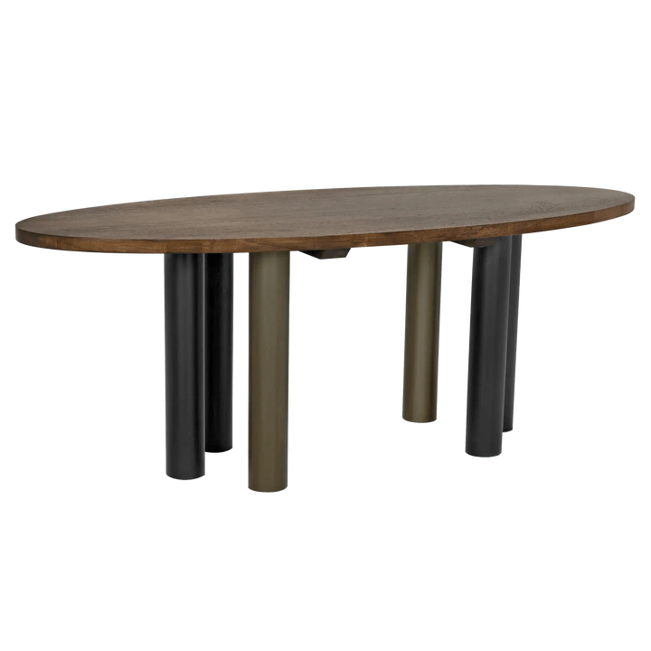 SwayLiving Journal Oval Dining Table, Dark Walnut with Black & Aged Brass Steel Base DINING TABLES