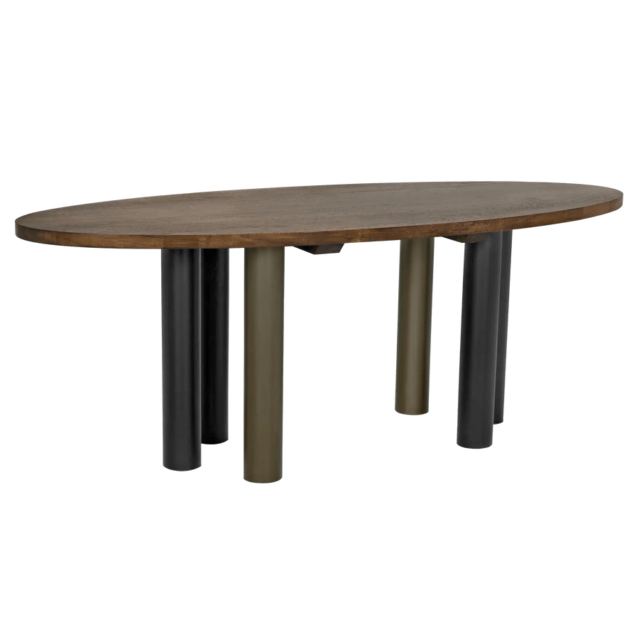 SwayLiving Journal Oval Dining Table, Dark Walnut with Black & Aged Brass Steel Base DINING TABLES