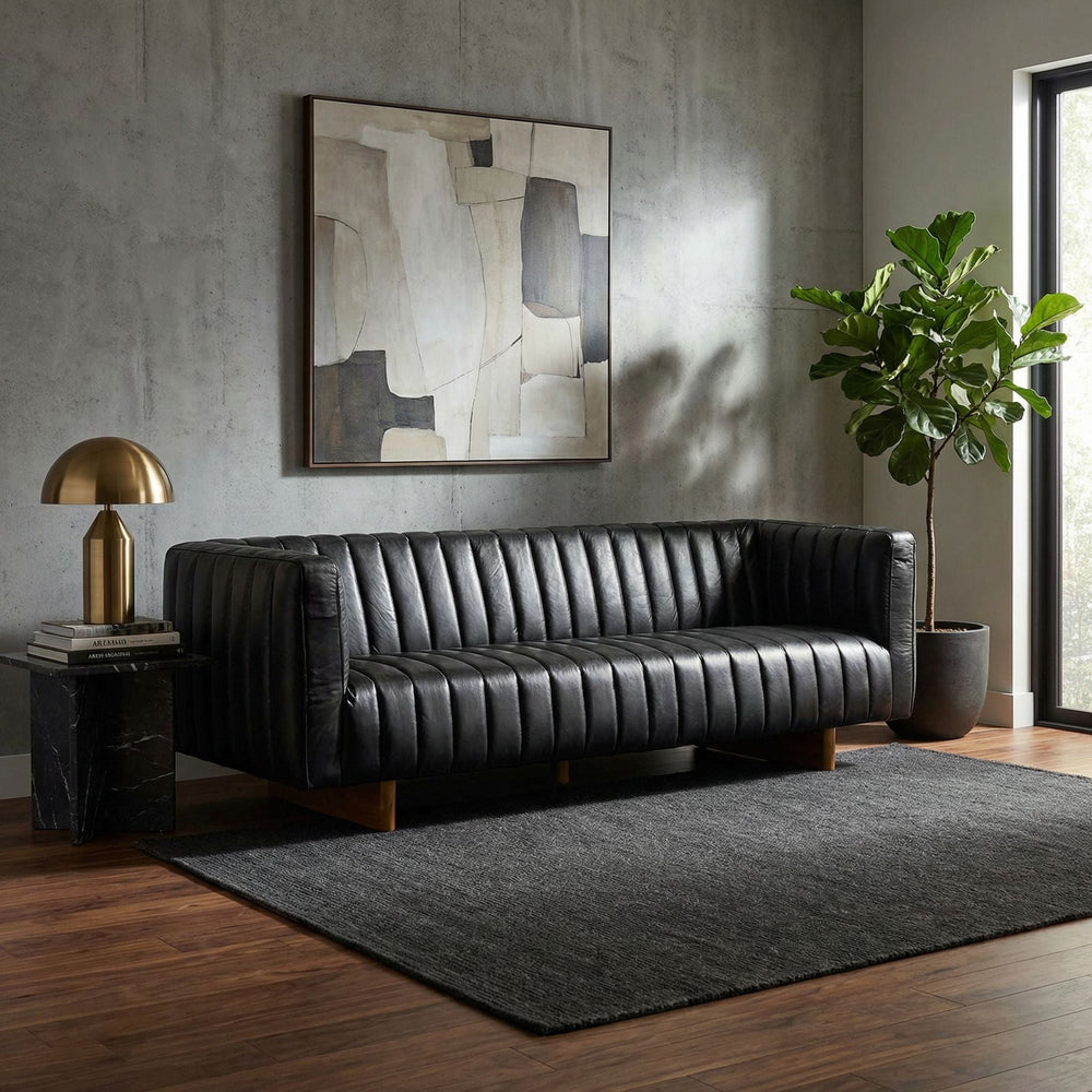 SwayLiving - Khann Sofa, Ebony Black Leather - LEA-AS004BLL