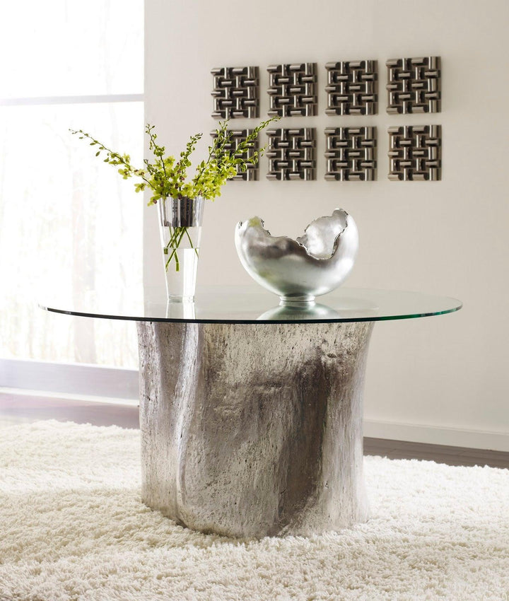 SwayLiving Log Dining Table, 60" Glass Top, Silver Leaf DINING TABLES