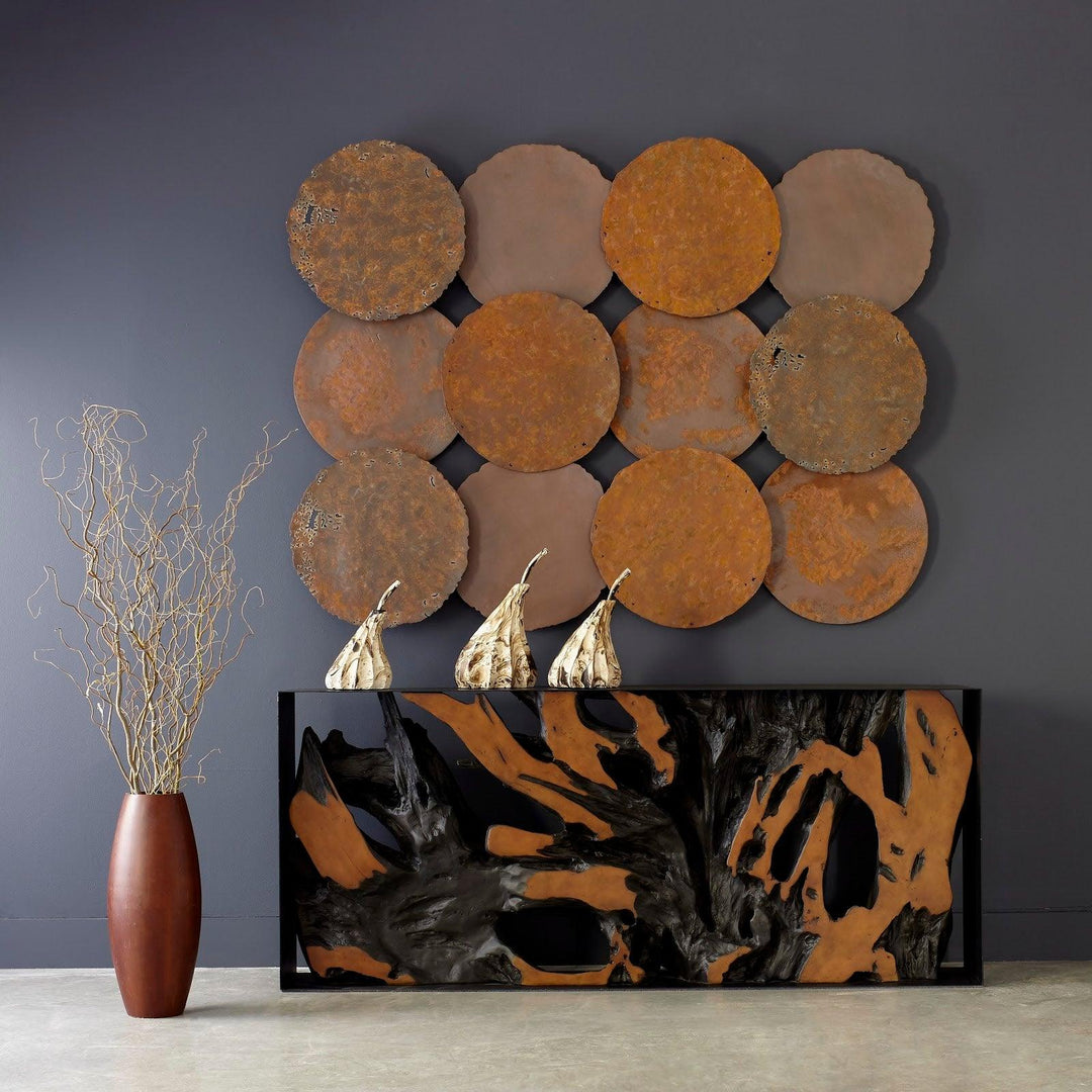 SwayLiving Cast Oil Drum Wall Discs, Resin, Rust Finish, Set of 4 WALL ACCENTS