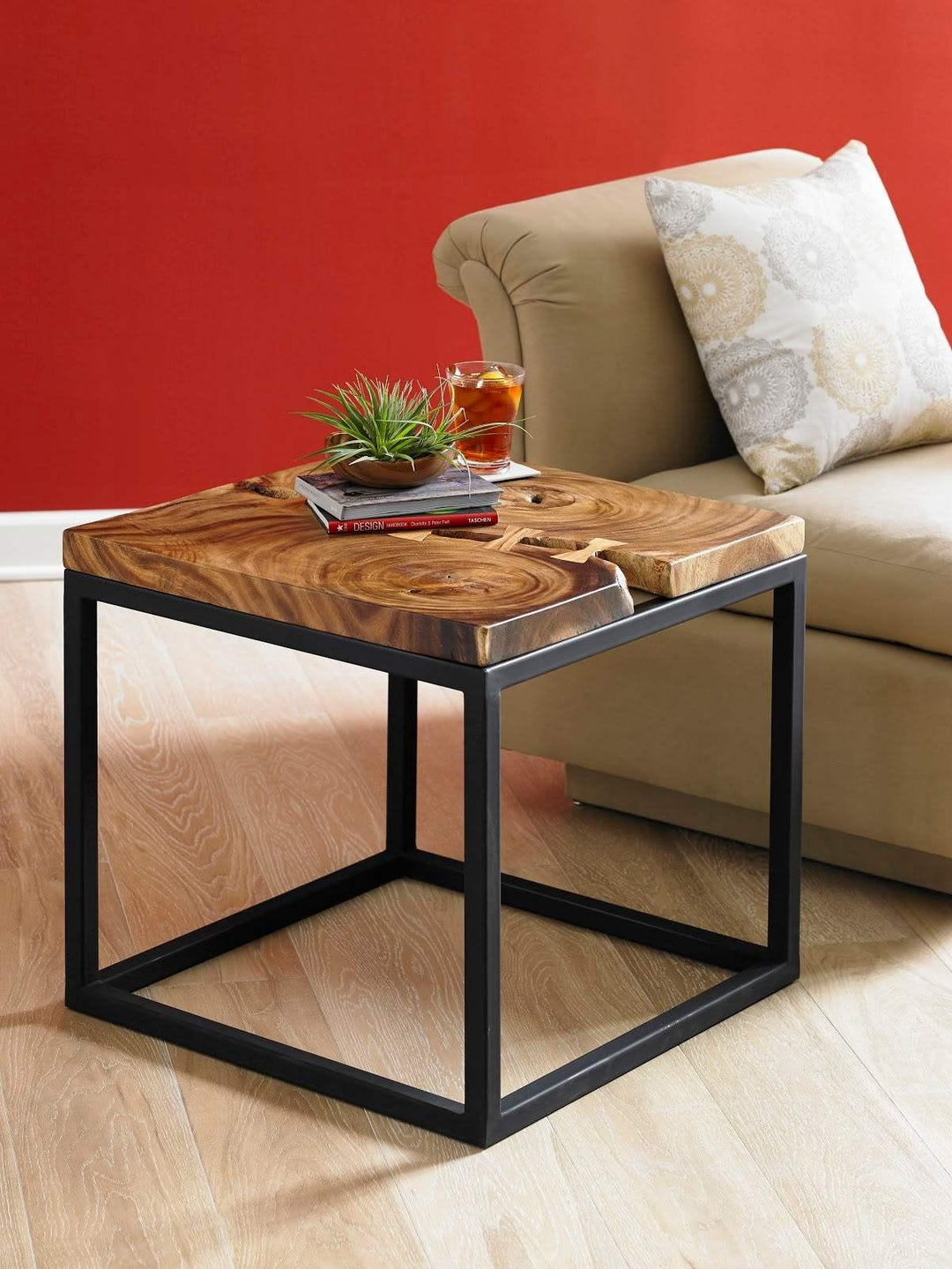 SwayLiving Martin Side Table, Chamcha Wood, Black Metal Base ACCENT TABLES