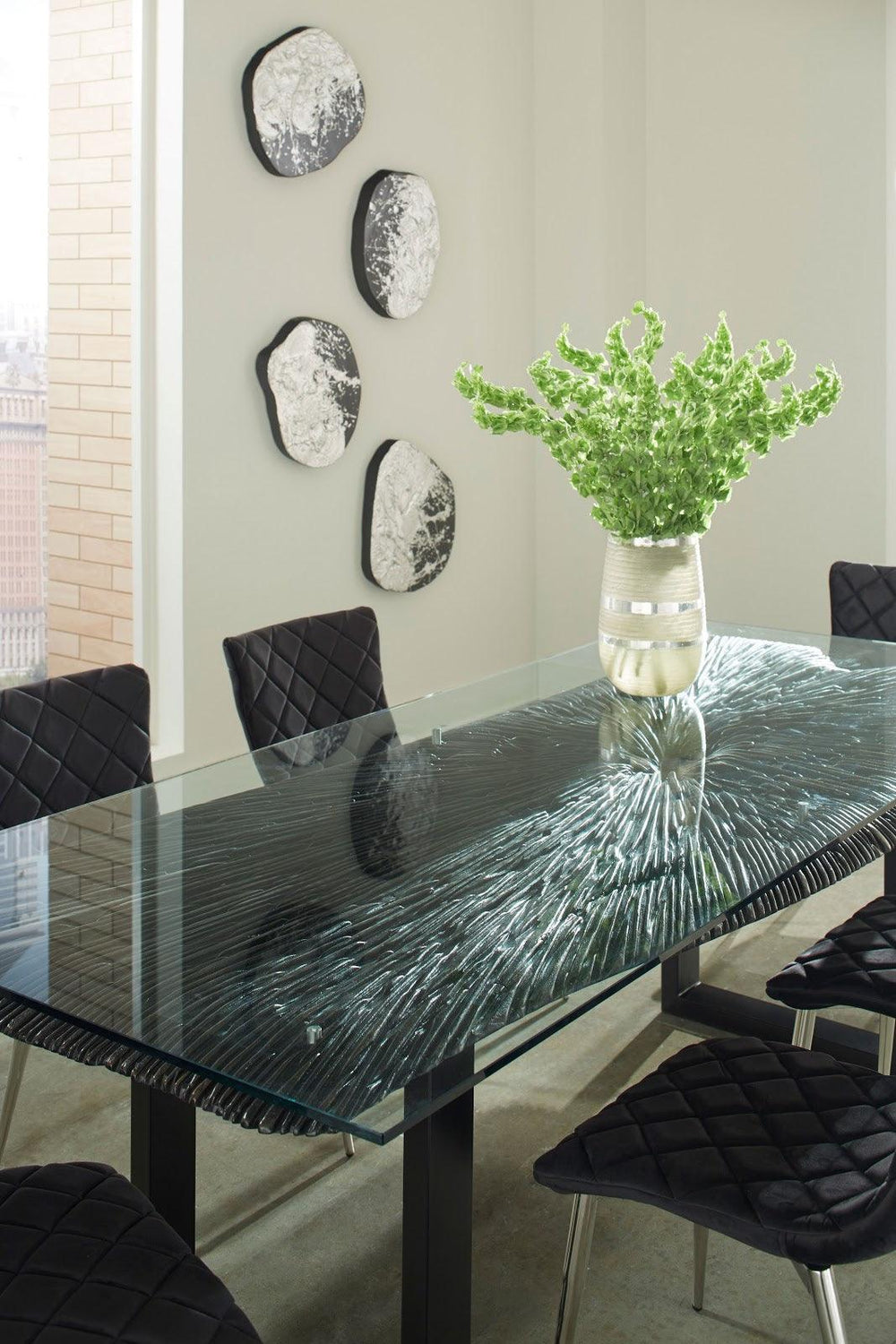 SwayLiving Chainsaw Dining Table with Glass, Burnt Black, Black Iron U Legs DINING TABLES