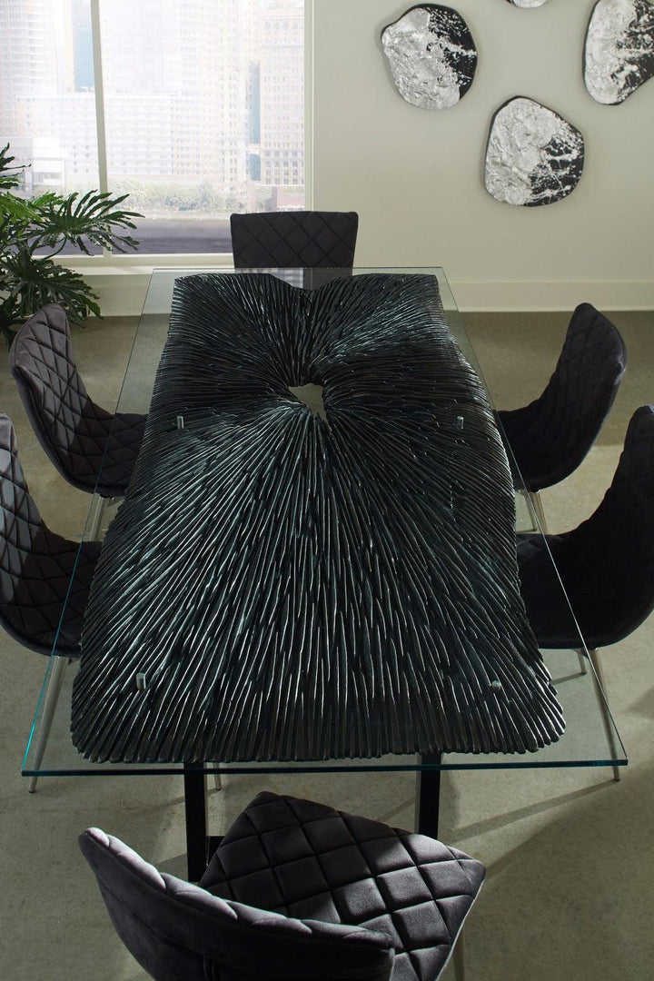 SwayLiving Chainsaw Dining Table with Glass, Burnt Black, Black Iron U Legs DINING TABLES