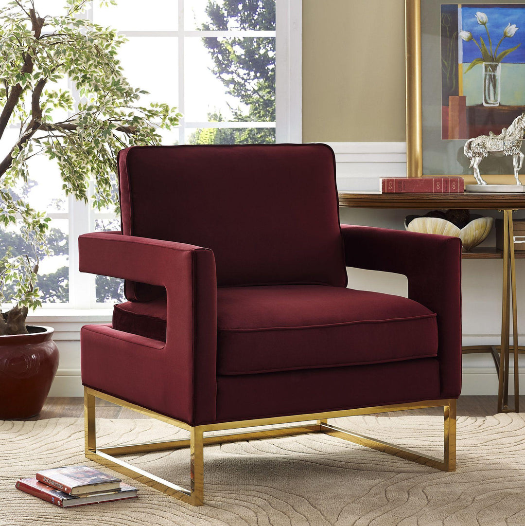 SwayLiving Avery Maroon Velvet Chair With Polished Gold Base ACCENT + LOUNGE CHAIRS