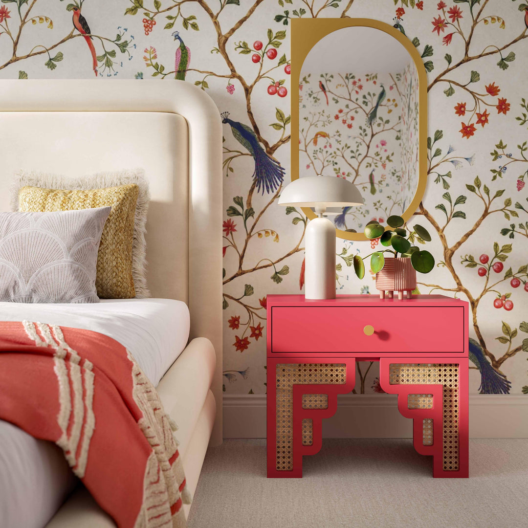 SwayLiving Suzie Coral Pink & Rattan Nightstand NIGHTSTANDS
