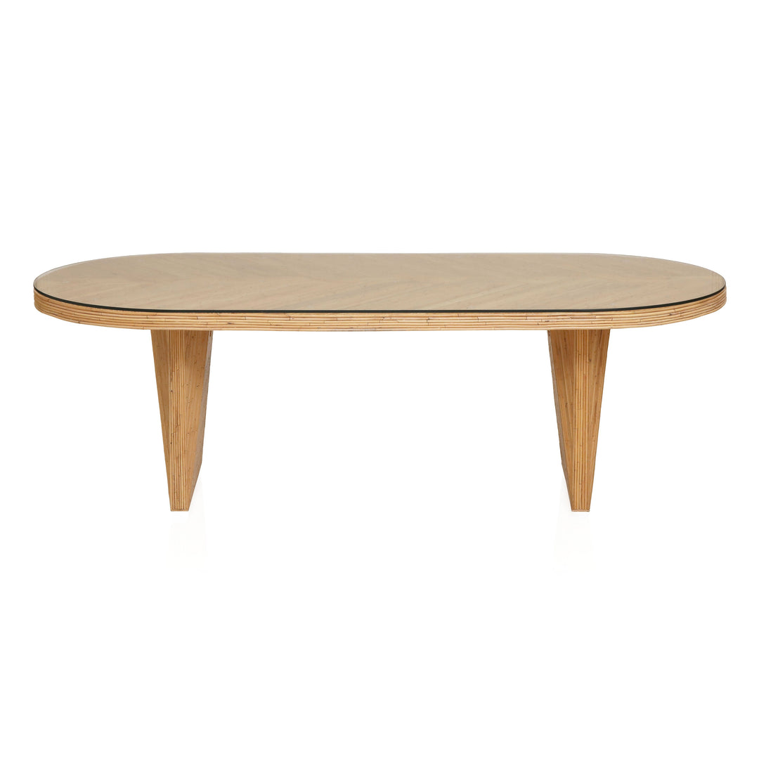 SwayLiving Caren Natural Rattan and Glass Oval Dining Table DINING TABLES