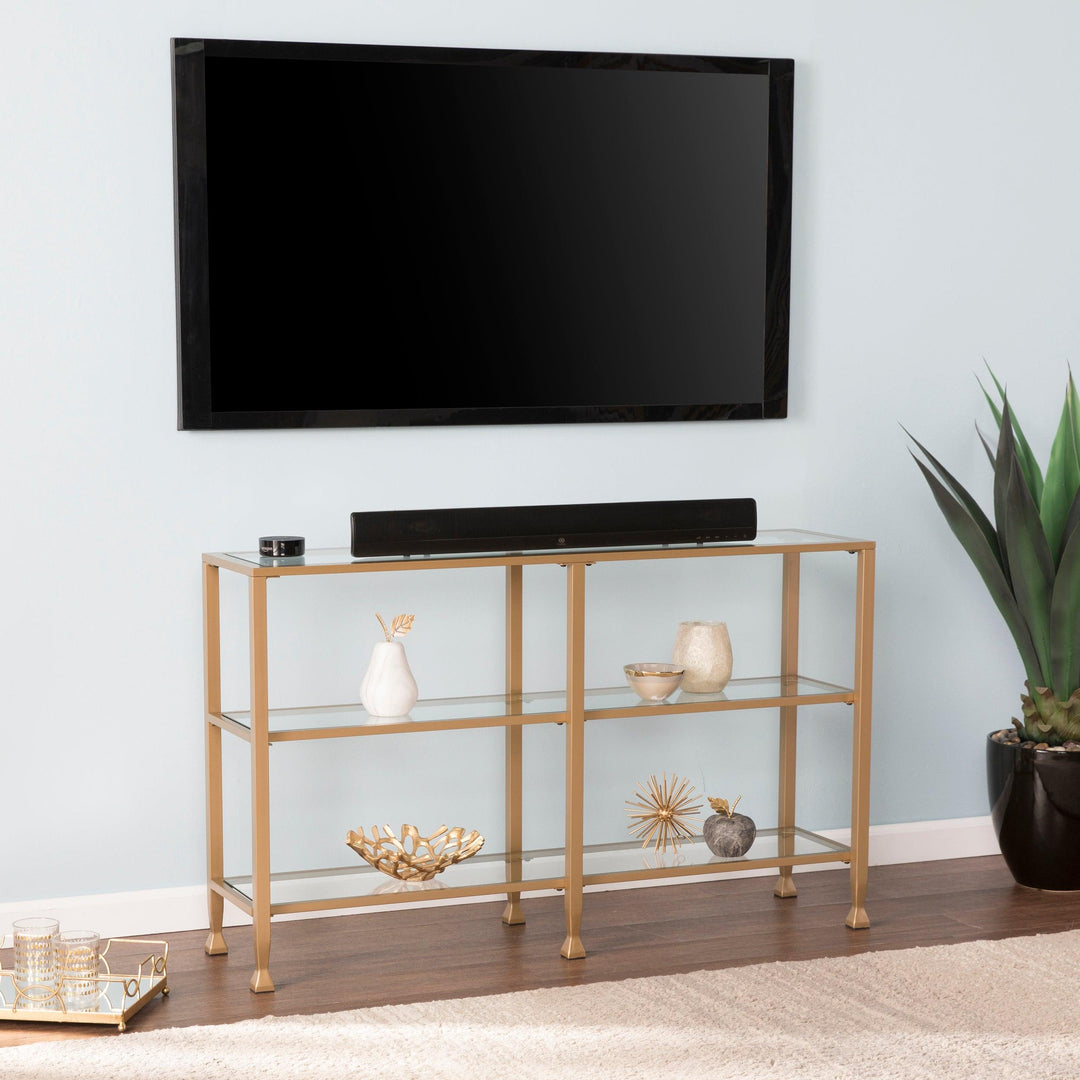 SwayLiving Jaymes Narrow Metal Console Table w/ Glass Shelves - Gold CONSOLE TABLES