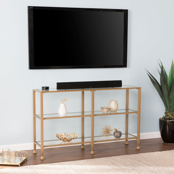 SwayLiving Jaymes Narrow Metal Console Table w/ Glass Shelves - Gold CONSOLE TABLES
