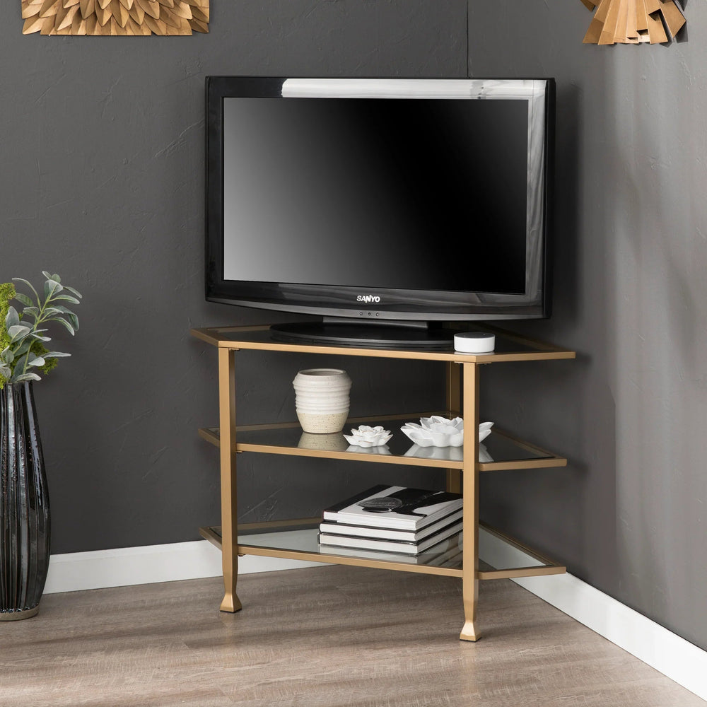 SwayLiving Jaymes Metal/Glass Corner TV Stand - Gold MEDIA + TV STANDS