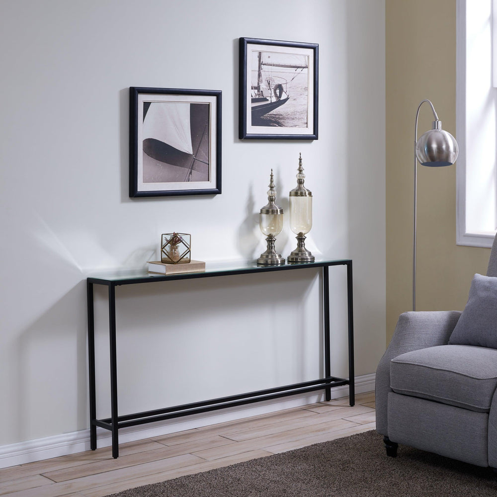 SwayLiving Darrin Narrow Long Console Table w/ Mirrored Top – Gunmetal Gray CONSOLE TABLES