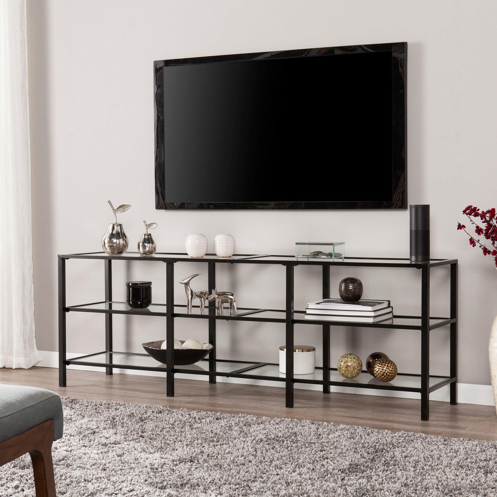SwayLiving Tyler Metal/Glass Media Stand – Transitional Style - Black MEDIA + TV STANDS