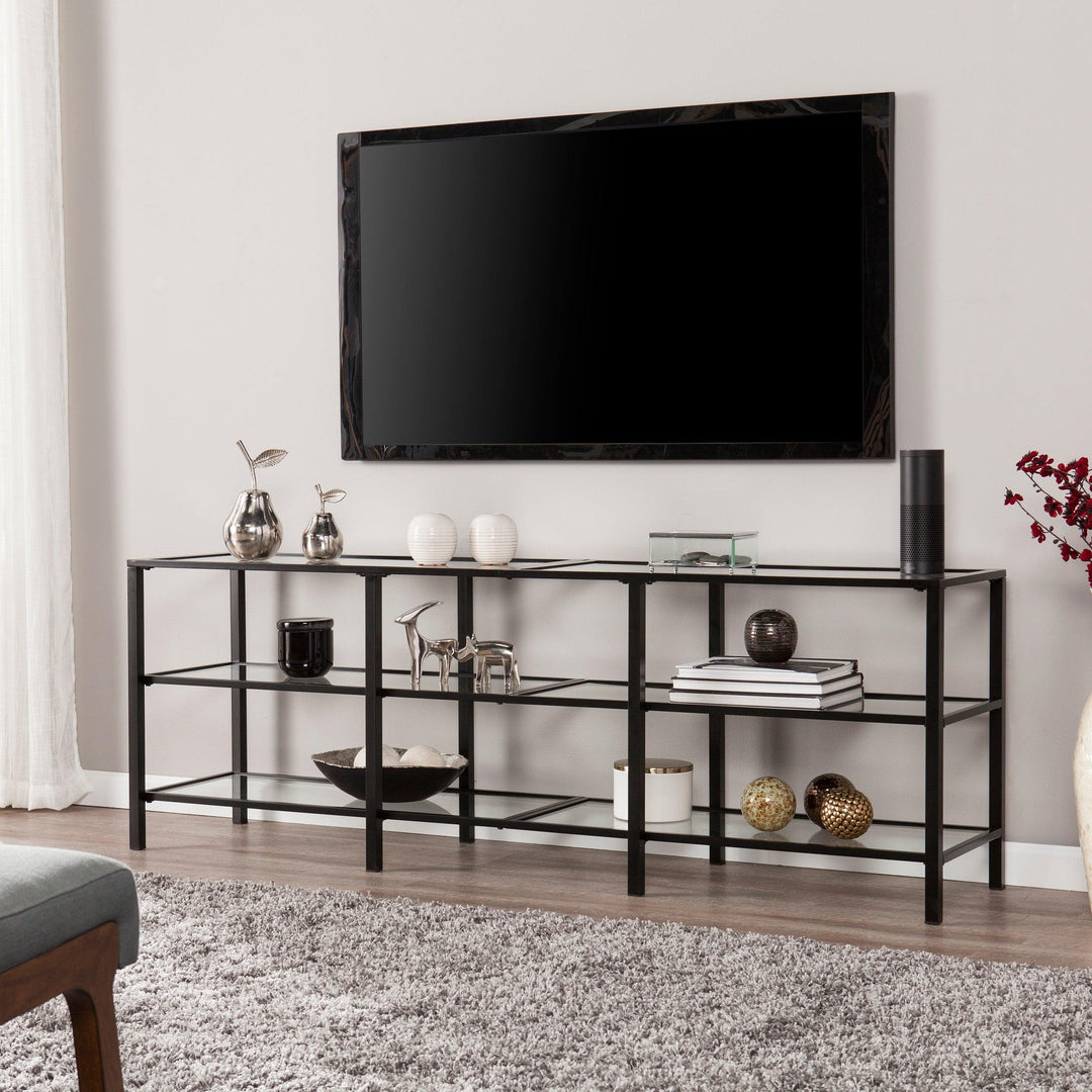 SwayLiving Tyler Metal/Glass Media Stand – Transitional Style - Black MEDIA + TV STANDS