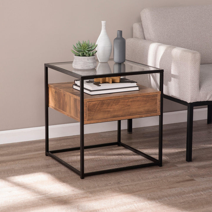 SwayLiving Olivern Glass-Top End Table w/ Storage ACCENT TABLES