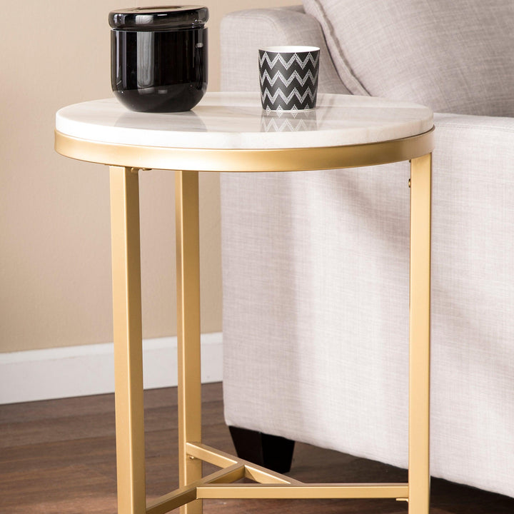 SwayLiving Garza Marble Side Table - Midcentury Modern Style - Champagne w/ Ivory Marble ACCENT TABLES