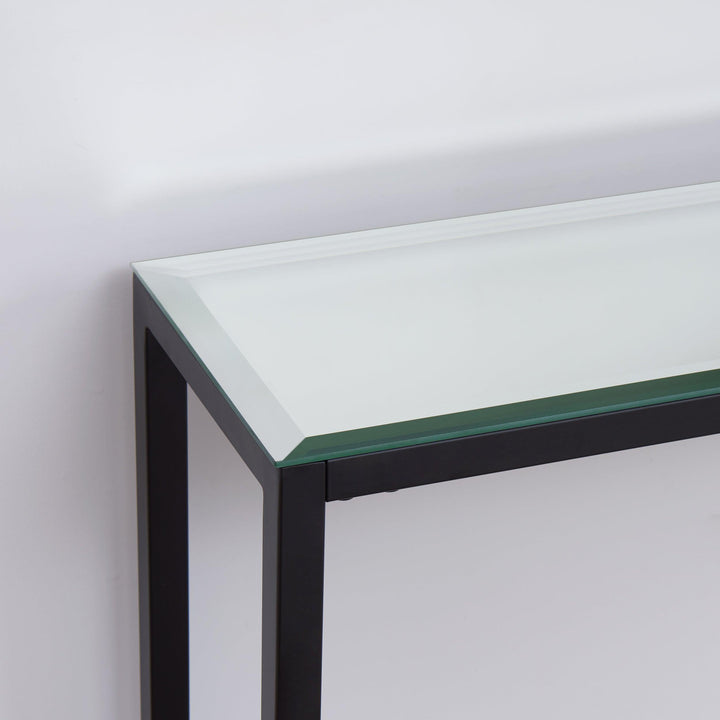 SwayLiving Darrin Narrow Long Console Table w/ Mirrored Top – Black CONSOLE TABLES