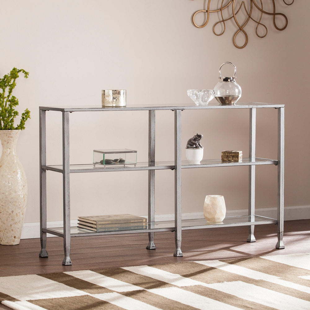 SwayLiving Jaymes Metal/Glass 3-Tier Console Table/Media Stand - Silver CONSOLE TABLES