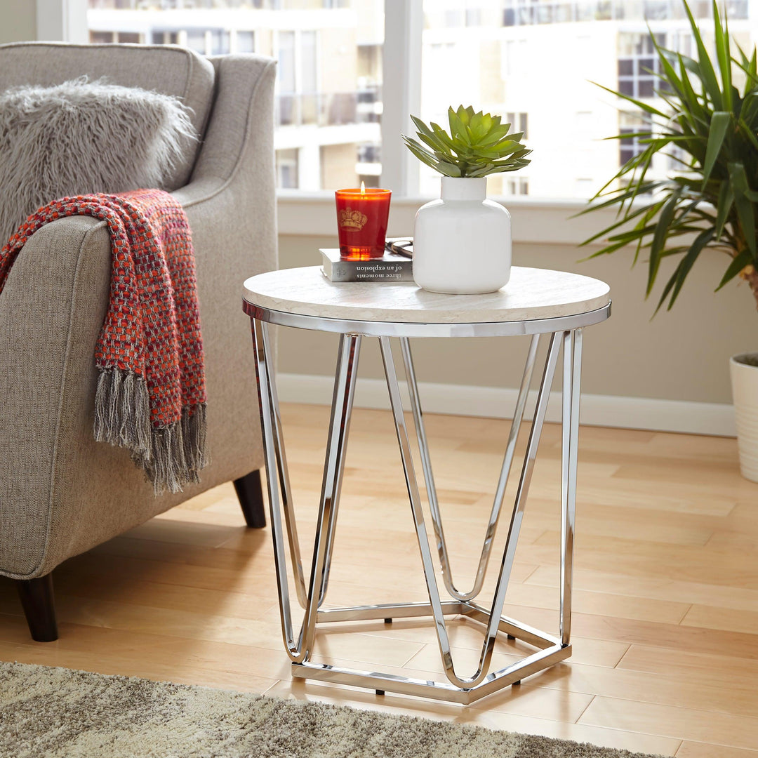 SwayLiving Luna Round Faux Stone End Table – Silver ACCENT TABLES