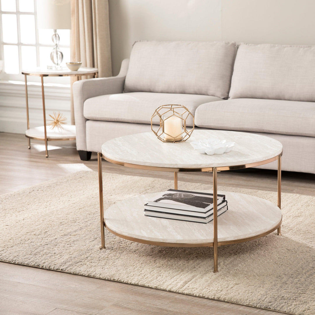 SwayLiving Silas Round Faux Stone End Table - Beige ACCENT TABLES
