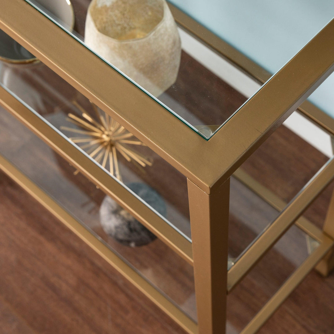SwayLiving Jaymes Narrow Metal Console Table w/ Glass Shelves - Gold CONSOLE TABLES
