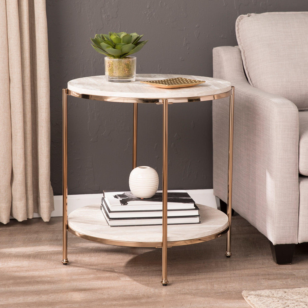 SwayLiving Silas Round Faux Stone End Table - Beige ACCENT TABLES