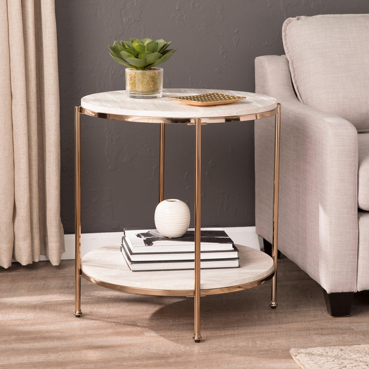 SwayLiving Silas Round Faux Stone End Table - Beige ACCENT TABLES