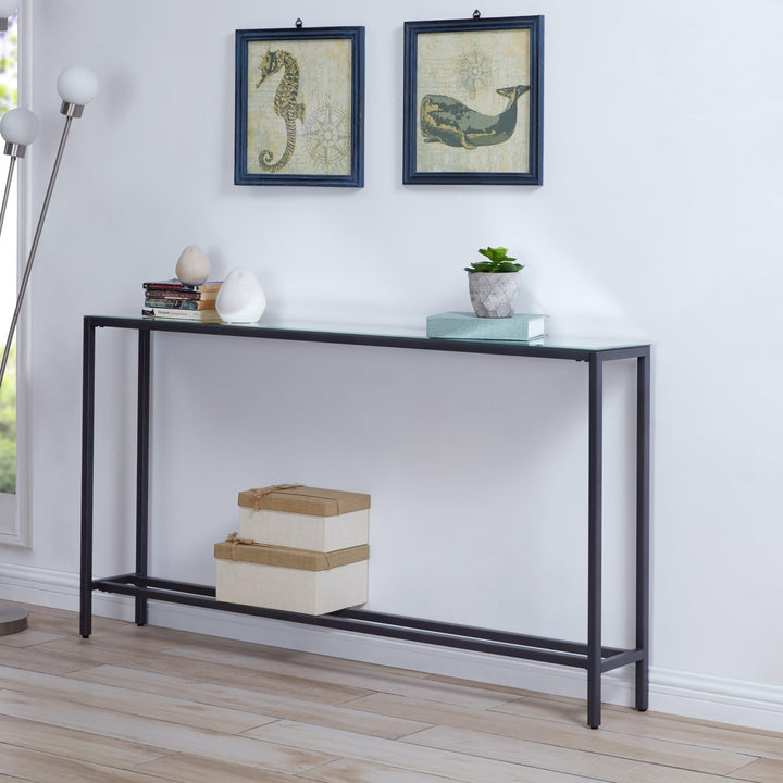 SwayLiving Darrin Narrow Long Console Table w/ Mirrored Top – Black CONSOLE TABLES