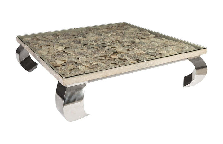 SwayLiving Shell Coffee Table, Glass Top, Ming Stainless Steel Legs COFFEE TABLES