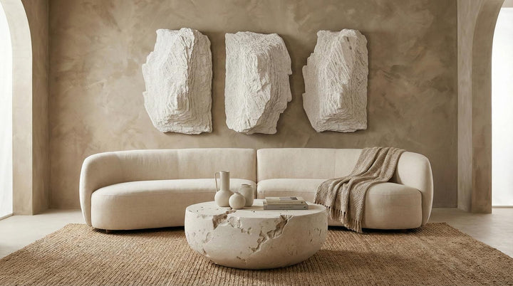 Cast Cheese Stone Coffee Table, Round in setting