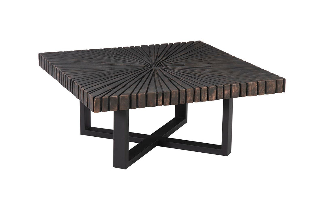 SwayLiving Chainsaw Coffee Table, Square, Black Iron Cross Base, Black/Copper COFFEE TABLES
