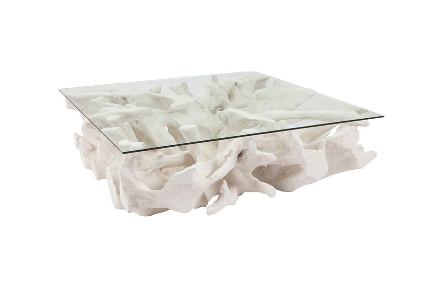 SwayLiving Cast Root Coffee Table, White Stone, With Glass COFFEE TABLES