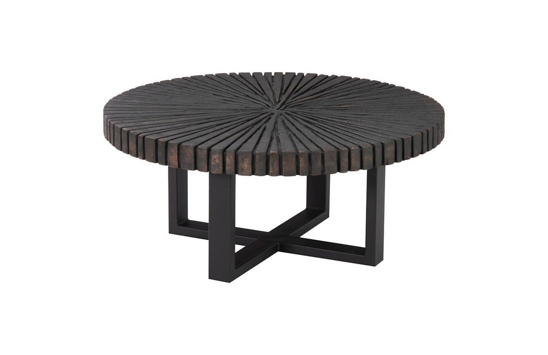 SwayLiving Chainsaw Coffee Table, Round, Black Iron Cross Base, Black/Copper COFFEE TABLES