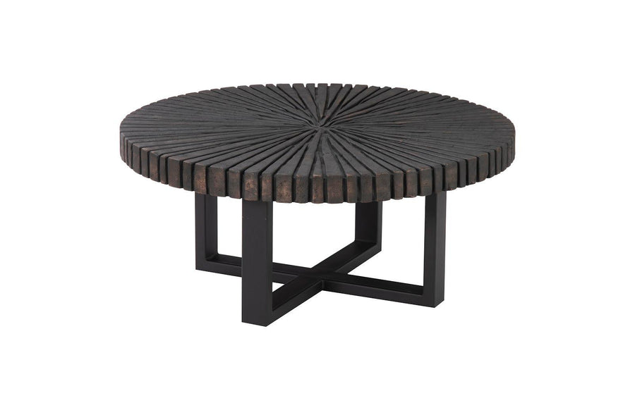 SwayLiving Chainsaw Coffee Table, Round, Black Iron Cross Base, Black/Copper COFFEE TABLES