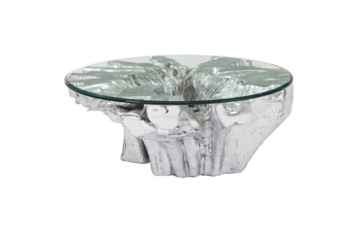 SwayLiving Otis Root Coffee Table with Glass, Silver Leaf COFFEE TABLES