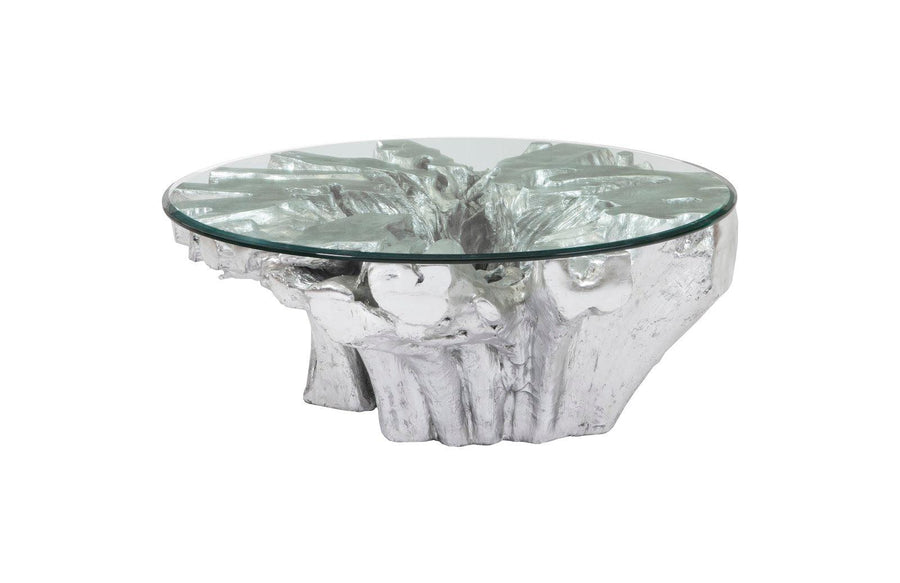 SwayLiving Otis Root Coffee Table with Glass, Silver Leaf COFFEE TABLES