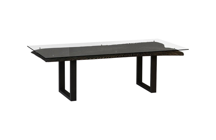 SwayLiving Chainsaw Dining Table with Glass, Burnt Black, Black Iron U Legs DINING TABLES