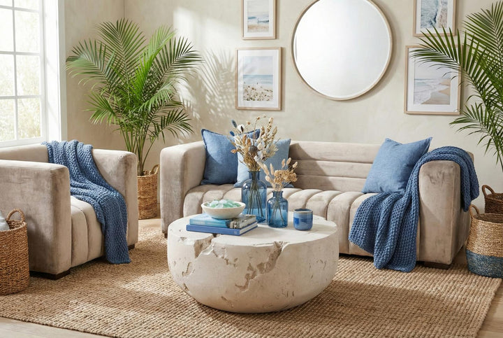 Cast Cheese Stone Coffee Table, Round in setting