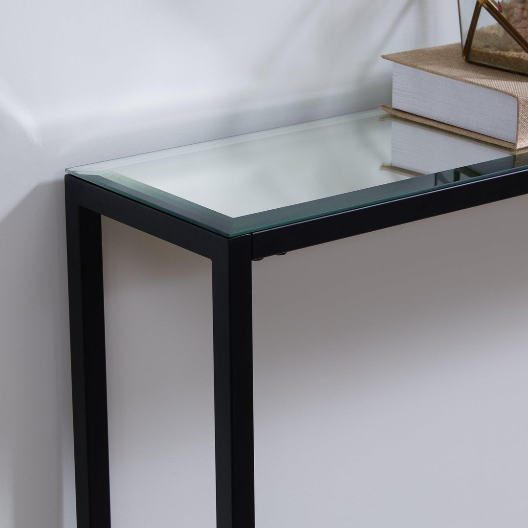 SwayLiving Darrin Narrow Long Console Table w/ Mirrored Top – Gunmetal Gray CONSOLE TABLES