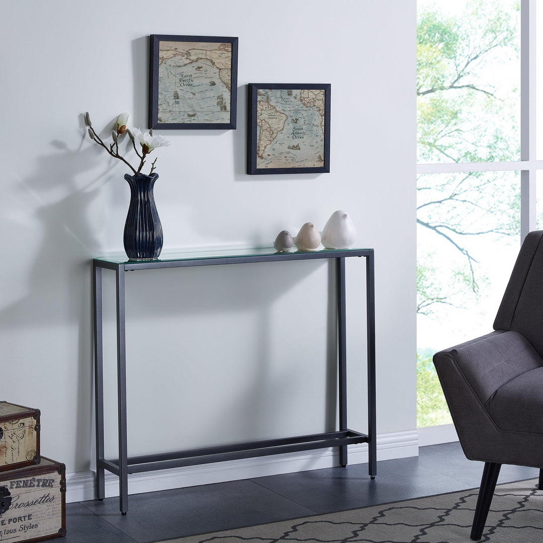 SwayLiving Darrin Narrow Mini Console Table w/ Mirrored Top – Gunmetal Gray CONSOLE TABLES
