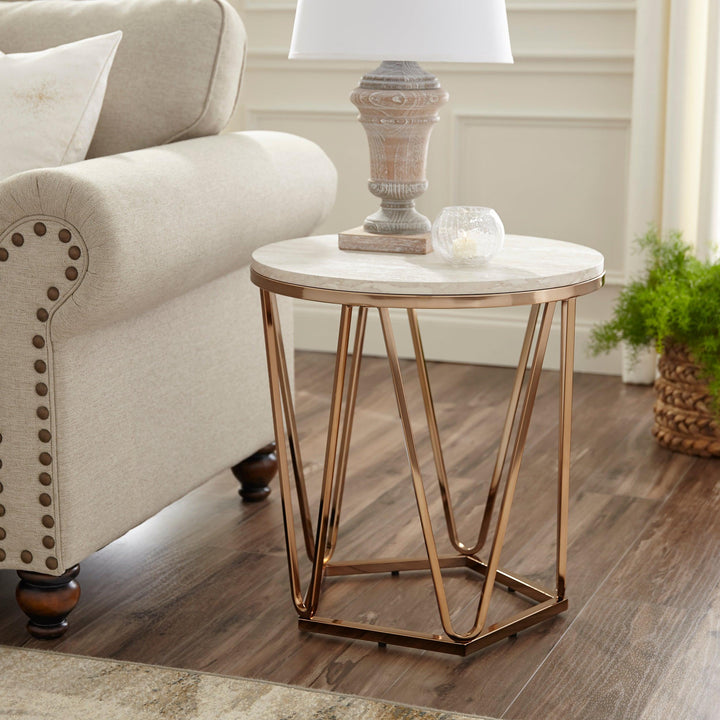 SwayLiving Luna Round Faux Stone End Table – Champagne ACCENT TABLES
