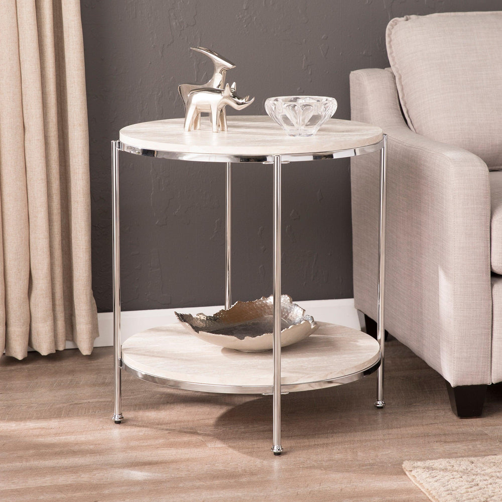 SwayLiving Silas Round Faux Stone End Table - Chrome ACCENT TABLES